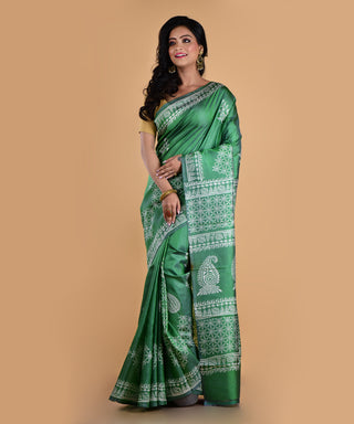 Resham Shilpi Elegant Deep Green Silk Block Printed Saree