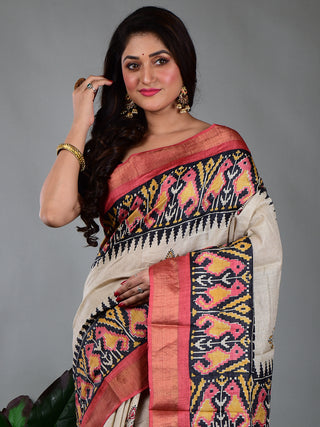 Resham Shilpi Exclusive Block Printed Tussar Saree with Zari Border