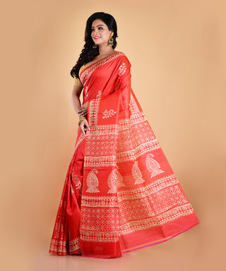 Resham Shilpi Elegant Silk Red Block Printed Saree