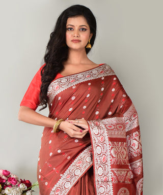 Resham Shilpi Exclusive Handwoven Baluchari Silk Saree – Traditional Bengal Weave with Intricate Mythological Motifs