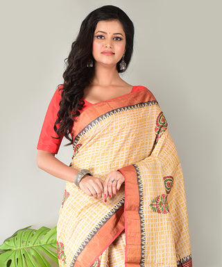 Resham Shilpi Exclusive Block Printed Tussar Saree with Zari Border