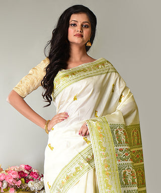 Resham Shilpi Exclusive Handwoven Baluchari Silk Saree – Traditional Bengal Weave with Intricate Mythological Motifs