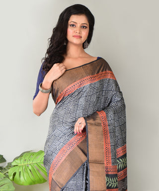 Resham Shilpi Exclusive Block Printed Tussar Saree with Zari Border