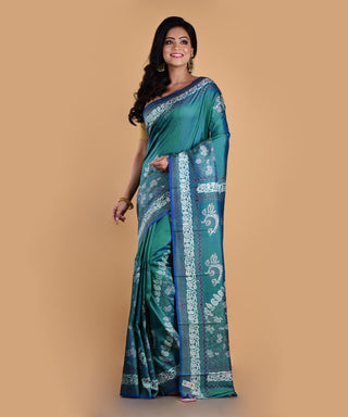 Resham Shilpi Elegant Teal Blue Silk Block Printed Saree