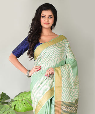Resham Shilpi Exclusive Block Printed Tussar Saree with Zari Border