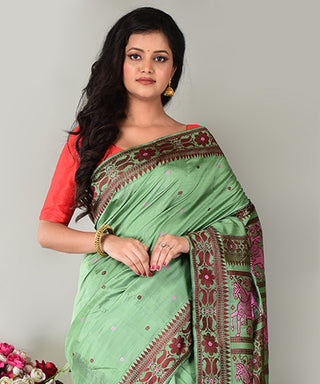 Resham Shilpi Exclusive Handwoven Baluchari Silk Saree – Traditional Bengal Weave with Intricate Mythological Motifs