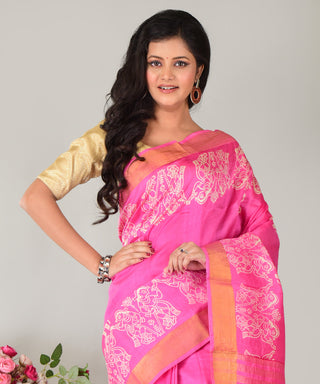 Resham Shilpi Exclusive Hand Block Printed Mulberry Silk Saree with Zari Border | Traditional Indian Silk Saree for Festive & Wedding Wear