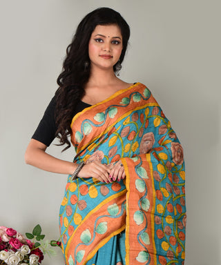 Resham Shilpi Exclusive Hand-Painted Tussar Silk Saree with Traditional Kalamkari Design