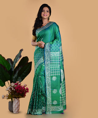 Resham Shilpi Elegant Metallic Green Silk Block Printed Saree