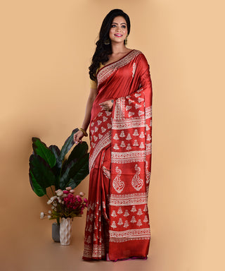 Resham Shilpi Rose Red Silk Block Printed Saree