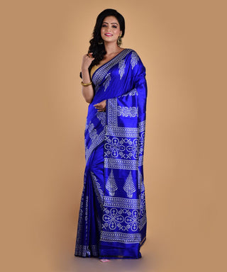 Resham Shilpi Elegant Navy Blue Silk Block Printed Saree