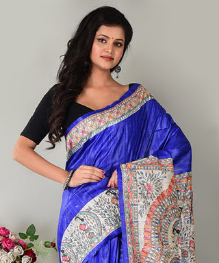 Resham Shilpi Exclusive Handwoven Madhubani Screen Printed Tussar Gicha Silk Saree – Elegant Traditional Drape