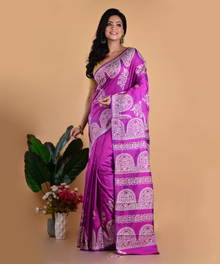 Resham Shilpi Violet Silk Block Printed Saree