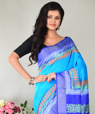 Resham Shilpi Exclusive Hand Block Printed Mulberry Silk Saree with Zari Border | Traditional Indian Silk Saree for Festive & Wedding Wear