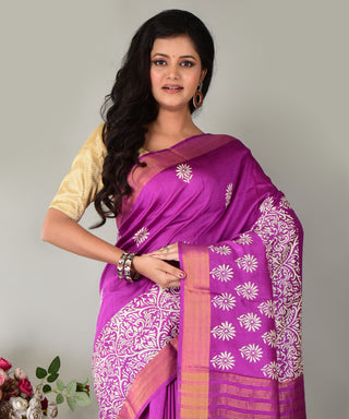 Resham Shilpi Exclusive Hand Block Printed Mulberry Silk Saree with Zari Border | Traditional Indian Silk Saree for Festive & Wedding Wear