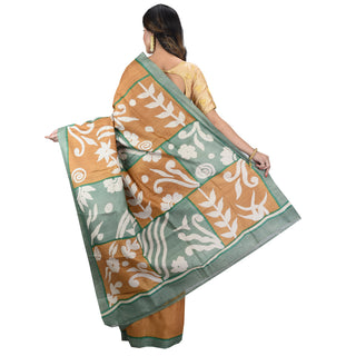 Tussar Yellow Block Printed Saree