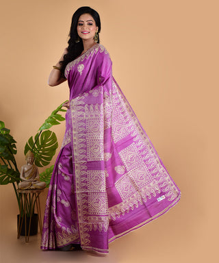 Resham Shilpi Elegant Polished Purple Silk Block Printed Saree