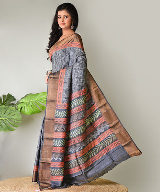 Resham Shilpi Exclusive Block Printed Tussar Saree with Zari Border