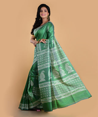 Resham Shilpi Elegant Deep Green Silk Block Printed Saree