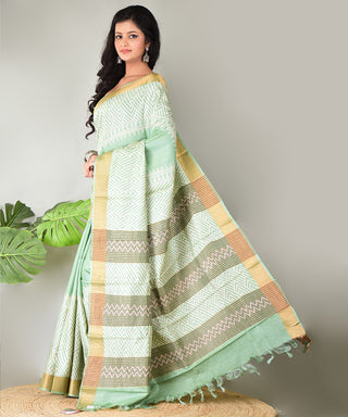 Resham Shilpi Exclusive Block Printed Tussar Saree with Zari Border