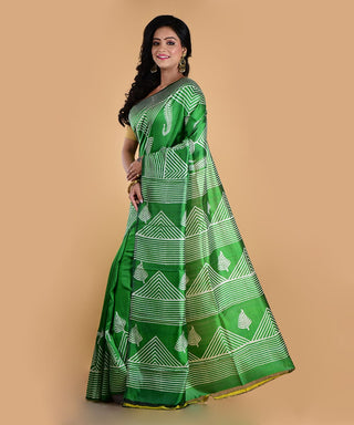 Resham Shilpi Elegant Russian Green Silk Block Printed Saree