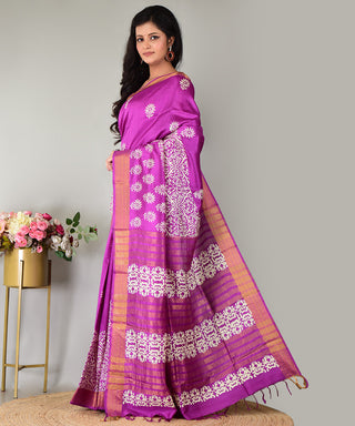 Resham Shilpi Exclusive Hand Block Printed Mulberry Silk Saree with Zari Border | Traditional Indian Silk Saree for Festive & Wedding Wear