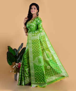 Resham Shilpi Elegant Pistachio Green Block Printed Silk Saree