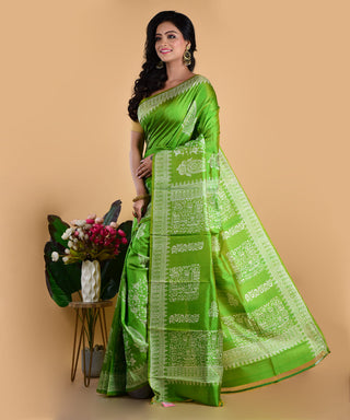 Resham Shilpi Olive Silk Block Printed Saree