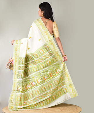 Resham Shilpi Exclusive Handwoven Baluchari Silk Saree – Traditional Bengal Weave with Intricate Mythological Motifs