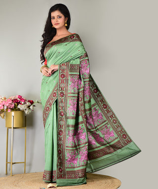 Resham Shilpi Exclusive Handwoven Baluchari Silk Saree – Traditional Bengal Weave with Intricate Mythological Motifs