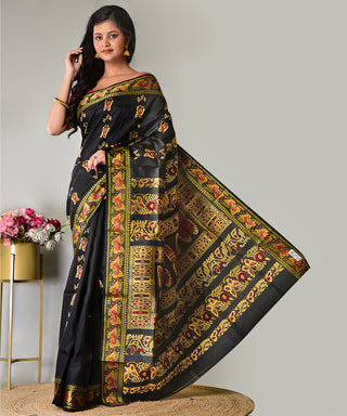 Resham Shilpi Exclusive Handwoven Baluchari Silk Saree – Traditional Bengal Weave with Intricate Mythological Motifs