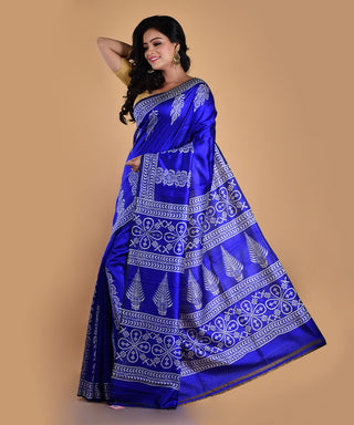 Resham Shilpi Elegant Navy Blue Silk Block Printed Saree