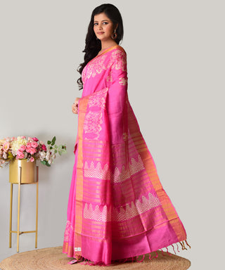 Resham Shilpi Exclusive Hand Block Printed Mulberry Silk Saree with Zari Border | Traditional Indian Silk Saree for Festive & Wedding Wear