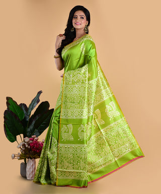 Resham Shilpi Elegant Lime Green Silk Block Printed Saree