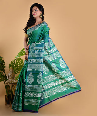 Resham Shilpi Elegant Jade Green Silk Block Printed Saree