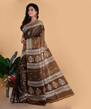 Resham Shilpi Elegant Brown Silk Block Printed Saree 