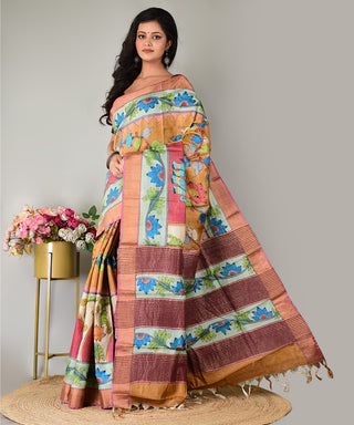 Resham Shilpi Exclusive Hand-Painted Tussar Silk Saree with Traditional Kalamkari Design