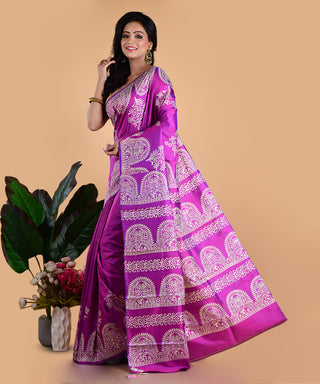 Resham Shilpi Violet Silk Block Printed Saree