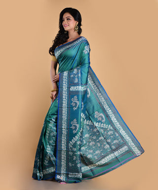 Resham Shilpi Elegant Teal Blue Silk Block Printed Saree