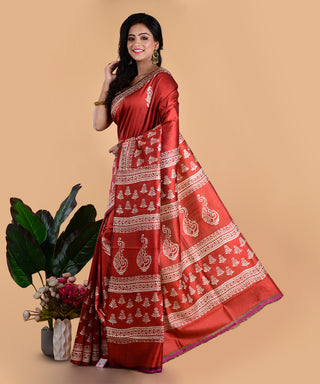 Resham Shilpi Rose Red Silk Block Printed Saree