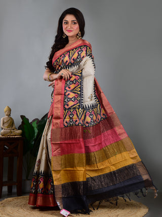 Resham Shilpi Exclusive Block Printed Tussar Saree with Zari Border