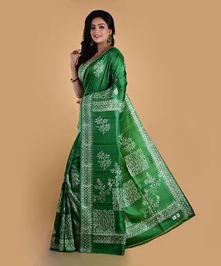 Resham Shilpi Elegant Leaf Green Silk Block Printed Saree