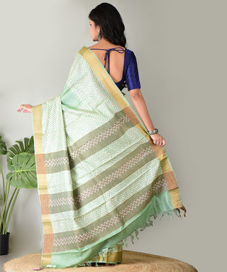 Resham Shilpi Exclusive Block Printed Tussar Saree with Zari Border