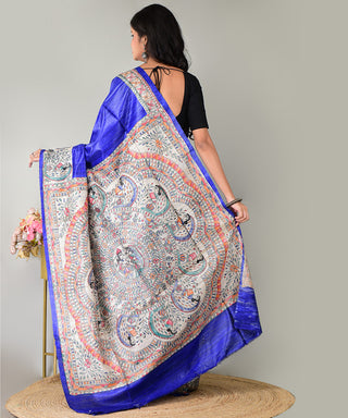 Resham Shilpi Exclusive Handwoven Madhubani Screen Printed Tussar Gicha Silk Saree – Elegant Traditional Drape