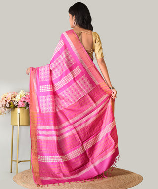 Resham Shilpi Exclusive Hand Block Printed Mulberry Silk Saree with Zari Border | Traditional Indian Silk Saree for Festive & Wedding Wear