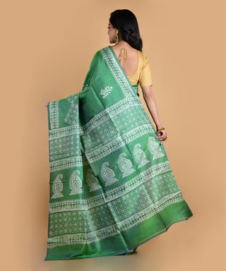 Resham Shilpi Elegant Deep Green Silk Block Printed Saree