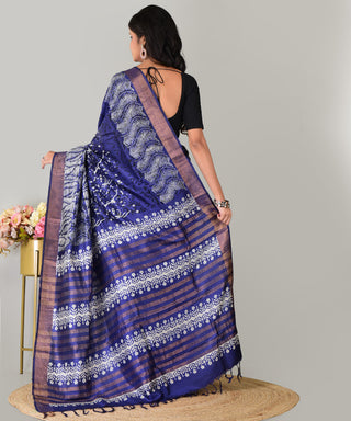 Resham Shilpi Exclusive Hand Block Printed Mulberry Silk Saree with Zari Border | Traditional Indian Silk Saree for Festive & Wedding Wear