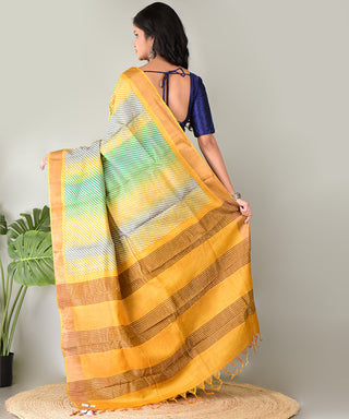 Resham Shilpi Exclusive Block Printed Tussar Saree with Zari Border