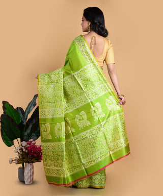 Resham Shilpi Elegant Lime Green Silk Block Printed Saree