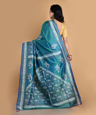 Resham Shilpi Elegant Teal Blue Silk Block Printed Saree